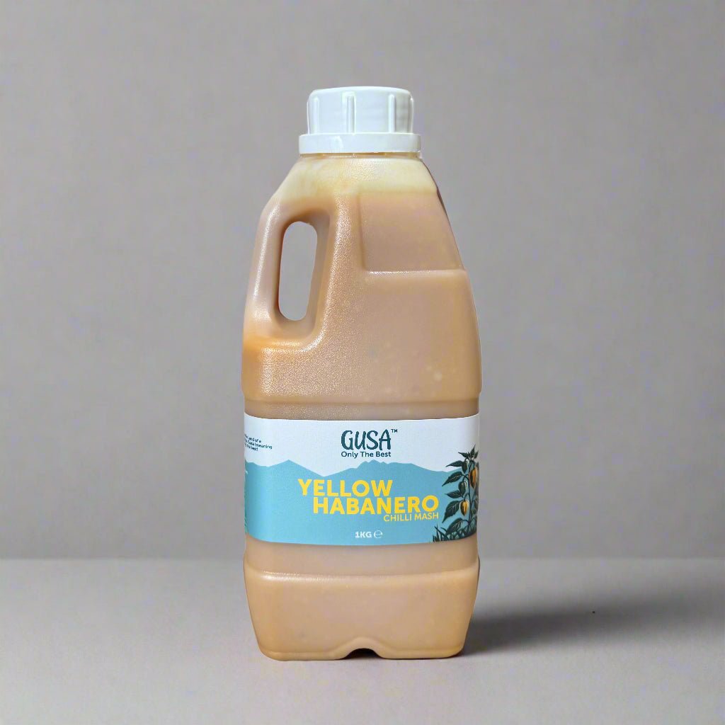 Jerrycan of Gusa Yellow Habanero Fermented Chilli Mash – naturally fermented hot chilli paste made in Rwanda with fresh yellow habaneros and salt.