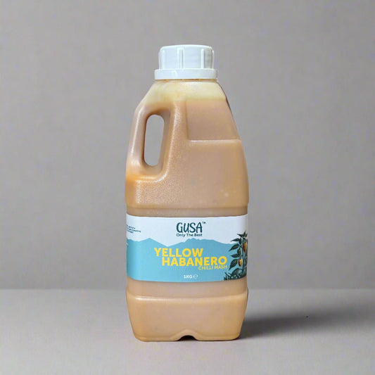 Jerrycan of Gusa Yellow Habanero Fermented Chilli Mash – naturally fermented hot chilli paste made in Rwanda with fresh yellow habaneros and salt.